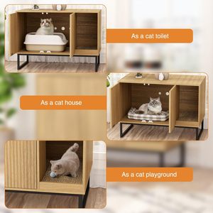 Armario para gatos cerrado moderno, caja de arena oculta para gatos estriada, muebles con almohadilla para rascar, patas de metal, camas para mascotas - Product Image 6