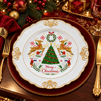 Assiette de Présentation de Noël de Luxe 13 pouces en Plastique, Motif Renne et Lapin Imprimé UV avec Bord Doré pour Tables Festives