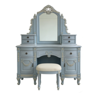 Ensemble coiffeuse rétro française sculptée en bleu brumeux avec tabouret