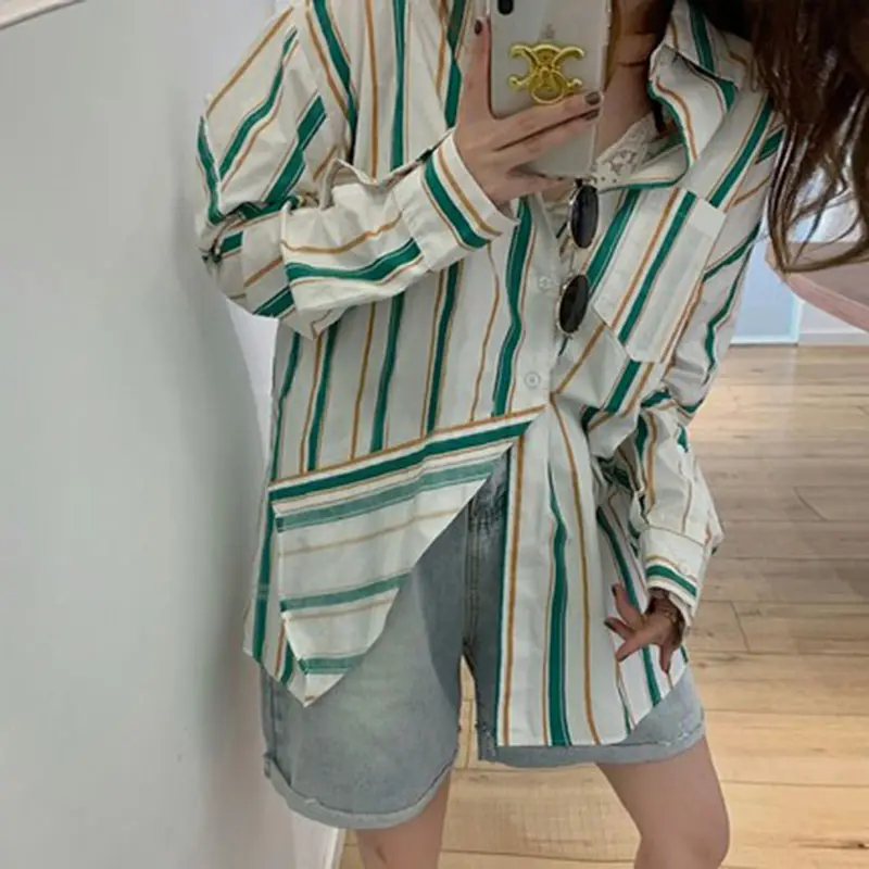 Wholesale Striped 2021 Spring New Cotton Wild Fashion Shirts Female Casual Long-sleeve Korean Style Women Blouses and Tops