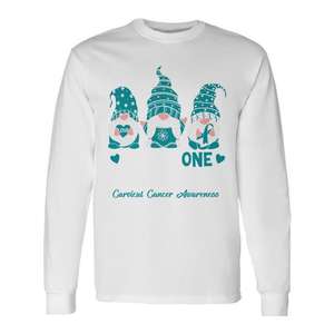 Camiseta de manga larga Gnome One Fights Alone con lazo verde azulado para concienciar sobre el cáncer de mama - Product Image 1