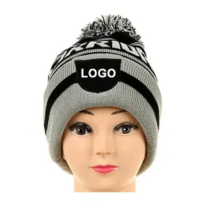 Custom Unisex Official Winter Sports Knitted Beanie Cap Custom Logo Football Clubs Arctic Striped Cuffed Knit Pom Beanie Hat