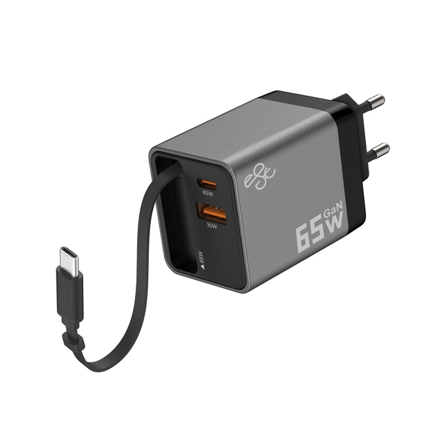 GAN 65W Type C PD Fast Charger With USB C Retractable Cable Fast Charging PD Wall Charger Adapter for Phone Laptop
