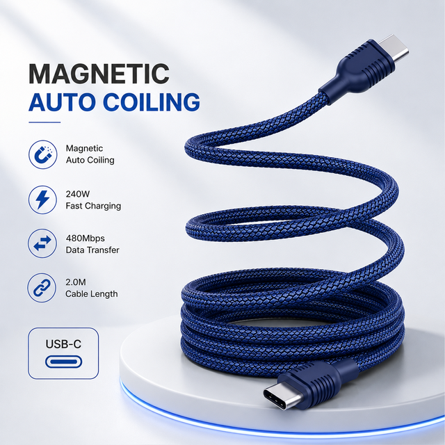 USB C Magnetic Cable 240W PD Fast Charge USB 2.0 Data Sync Braided Type C to Type C 2m Black Shielded OEM ODM