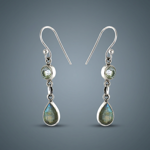 Boucles d'oreilles pendantes classiques vintage plaquées argent avec pierre en labradorite naturelle en forme de goutte, sertie clos, bijoux de fête pour femme - Product Image 1