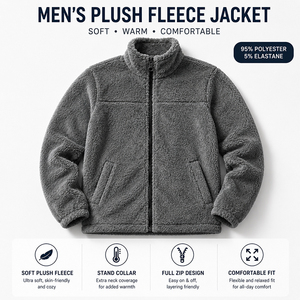 Men's Full <b>Zip</b> Plush Fleece Jacket Warm Stand Collar Elastic Cuff Plus Size Casual Coat for Hiking Travel Outdoor - Product Image 2