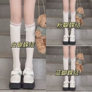 <b>Lace</b> Socks Mid-Calf <b>White</b> Bow Women Breathable Sweat-Absorbing Floral Design Spring Summer JK Style - Product Image 3
