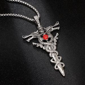 Colgante de Acero Inoxidable 316L con Doble Espada de Dragón y Cruz, Piedras Rojas y Azules, Estilo Gótico, Brujería, Animal, Vintage - Product Image 3