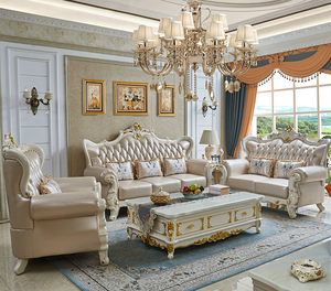 Ensemble de canapés en cuir véritable de style européen, cadre en bois massif, chaise longue sculptée double face, canapé de salon - Product Image 4