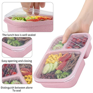 Ensemble de boîtes à lunch Bento en plastique à 3 compartiments, contenants de préparation de repas en paille de blé, compatibles micro-ondes et lave-vaisselle - Product Image 2