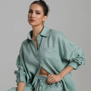 Abito di <span class=keywords><strong>lino</strong></span> da <span class=keywords><strong>donna</strong></span> alla moda blusa di <span class=keywords><strong>lino</strong></span> 100% pantaloni Casual temperamento semplice traspirante top protezione solare maniche solide - Product Image 3