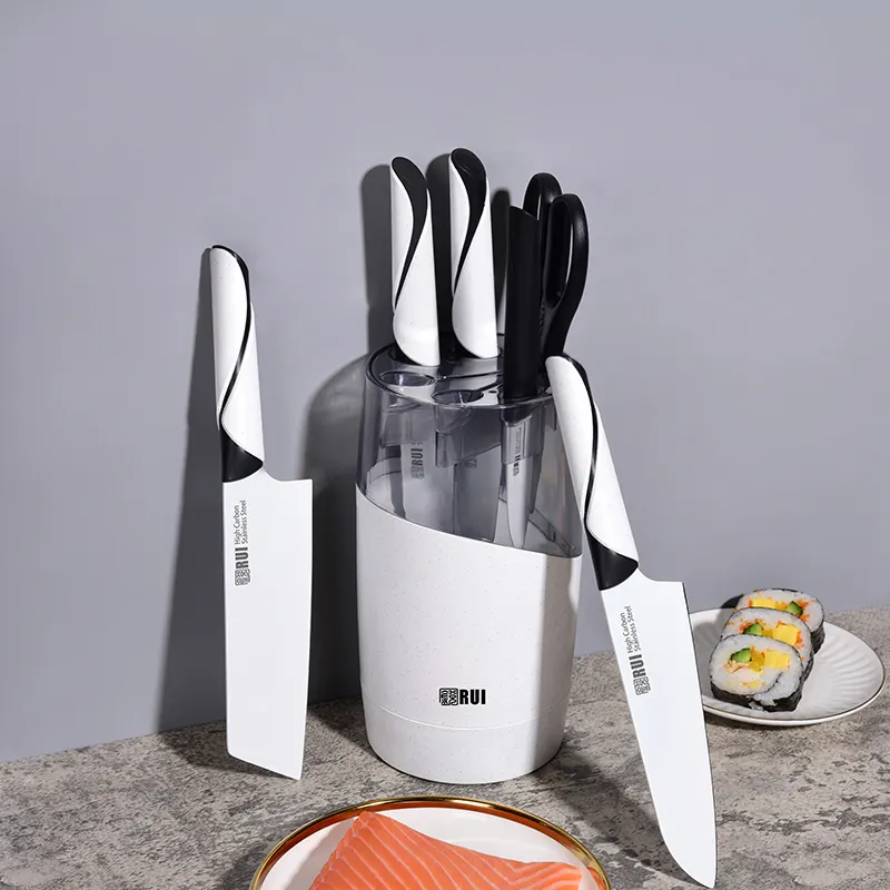 Conjunto de cozinha de aço inoxidável de 7 peças com suporte de design exclusivo, facas descartáveis de cozinha