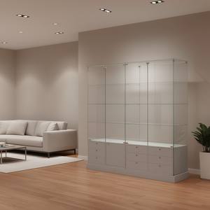 Vitrine 142x46xh180 cm gris clair avec portes en verre trempé, étagères et tiroirs verrouillables - Product Image 3