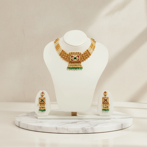 Traditional Gold Kundan Necklace <b>Set</b> with Green <b>Beads</b> Pearl Work Bridal Indian Wedding Jewelry Elegant Ethnic Statement - Product Image 1