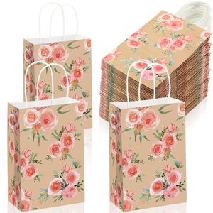 Petits sacs cadeaux floraux avec poignées, sacs en papier vintage à motifs floraux, sacs en papier kraft réutilisables pour thé, cadeaux de fête, sacs en papier pour fêtes - Product Image 1