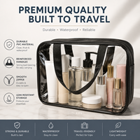 Pochette de maquillage transparente en PU PVC avec bordure noire, étanche, trousse de toilette de voyage, pochette de rangement cosmétique portable avec fermeture éclair