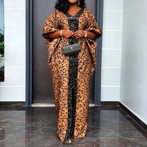 Robes pour femmes Dashiki africaines populaires et élégantes à col en V, imprimées, en polyester satiné, avec fente et sequins - Product Image 3