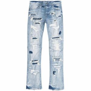 Vaqueros de moda para hombre, de mezclilla lavada, con rotos intensos, desgastados, de corte acampanado, apilados y con agujeros destruidos - Product Image 2