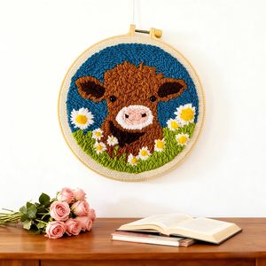 Kit de broderie au poinçon DIY pour débutants, motif vache des Highlands et fleur marguerite, avec cerceau et fil à broder, outil enfile-fil spécialisé - Product Image 5