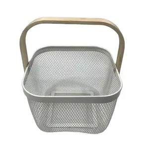 New Manufacture Hot Selling Popular Metal Wire Iron Big Size Picnic Fruit Basket White With Wood Handle Kitchen Home Storage