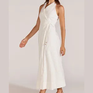 Özel Premium moda elbise yaka tasarım kadınlar pamuk ve keten uzun elbise A Line Wrap kolsuz elbise