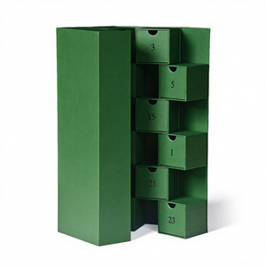 Caja de Calendario de Adviento de Cartón Verde con Cajones Numerados para Almacenamiento de Regalos Navideños, Diseño Reutilizable y Autoensamblable - Product Image 1