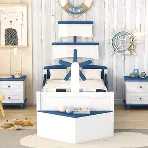Legno gemello barca a vela a forma di telaio del letto con la piattaforma di strascico letto con pouf di stoccaggio facile da montare
