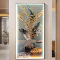 Peinture décorative en porcelaine cristal de luxe moderne Télécommande Éclairage LED Tableau suspendu d'art mural
