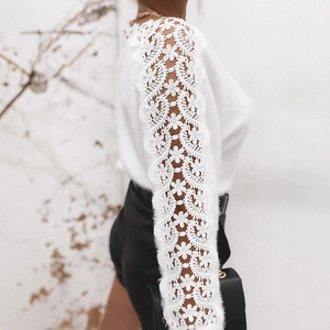Pull en tricot blanc avec bordure en dentelle, épaules dénudées, coupe ajustée, haut pour femme, style Europe et Amérique - Product Image 4