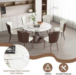 Juego de mesa de comedor moderno de acero inoxidable de 7 piezas 53 \ "parte superior de piedra sinterizada <span class=keywords><strong>Lazy</strong></span> <span class=keywords><strong>Susan</strong></span> doble C Base 6 sillas ensambladas para vivir - Product Image 6