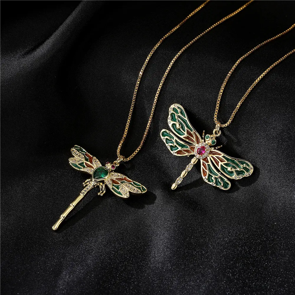 Wholesale Drip Oil Cubic Zirconia Dragonfly Pendant 18K Gold Plated Necklace Pendant For Jewelry