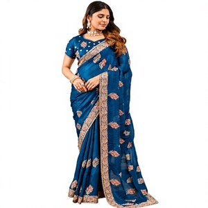 Vexotrend India Pakistan Premium <b>Velvet</b> Satin Traditional <b>Saree</b> for Women Embroidery Swarovski Wrinkle-Free Quick-Dry Wedding - Product Image 1