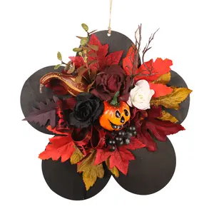 Gantungan pintu dekoratif Halloween, papan komposit kreatif bentuk bunga, labu mawar, daun Maple