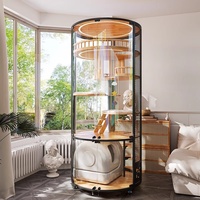 Grande Villa pour Chat en Bois Massif, Cage Intérieure de Luxe avec Nid Panoramique Rond, Armoire Maison pour Animaux en Bois Massif Toutes Saisons