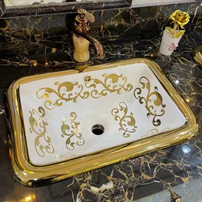 Wastafel Kamar Mandi, Meja Rias Mewah Atas Seni Berlapis Emas Keramik Bak Cuci Tangan Emas