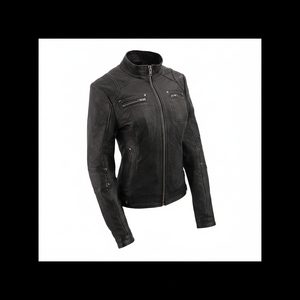 Chaqueta de Motociclista Negra de Invierno para Mujer, Talla Grande, Personalizada, con Cuello Redondo, Cierre de Cremallera y Forro de Piel de Cordero - Product Image 1