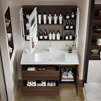 Meuble de salle de bain mural en bois massif de noyer, style nordique combiné, multi-niveaux, avec vasque en céramique intégrée et miroir inclus