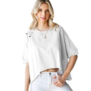 Couleur unie coton femmes demi-manches Western ourlet asymétrique Vintage col rond surmonté trous amples respirant court t-shirt - Product Image 1