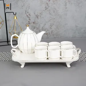 มือทาสีทองจับชายามบ่ายกาแฟเซรามิก8ชิ้นชุดกาน้ำชาแก้วถ้วยจานรองชุดผู้ผลิตขายส่ง
