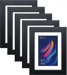 5x7相框黑色5件套，带高清玻璃的带纹理的独家木制相框，带4x6或5x7无垫子
