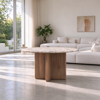 Table à manger ronde Dream Home avec plateau en marbre naturel et base croisée en bois massif, table à manger moderne pour la salle à manger à domicile