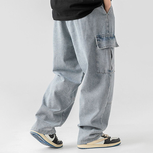 Jeans Cargo Homme Taille Haute Ample Style Urbain Personnalisé Multi-Poches Effet Délavé Vintage – Vente en Gros - Product Image 3