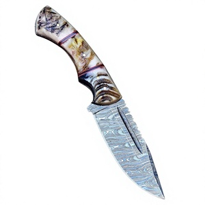 Cuchillo Artesanal de Acero de Damasco con Hoja de Punta Caída y Borde Dentado, Mango Natural, para Caza y Uso en Exteriores, Cuchillos a Precio Razonable - Product Image 1