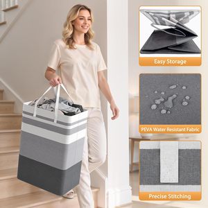 2 Pack Large Collapsible Laundry <b>Baskets</b> 75L Grey <b>Rectangular</b> Waterproof Freestanding Clothes Organizer - Product Image 6