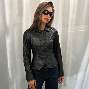 Women's Black Double Breasted PU Woven Moto <b>Jacket</b> Autumn New Turn-down Collar Punk Rocker Casual <b>Zip</b>-<b>Up</b> Outerwear - Product Image 1