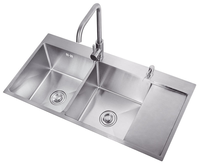 Évier de cuisine double en acier inoxydable 304 fait main avec égouttoir, porte-couteaux et poubelle