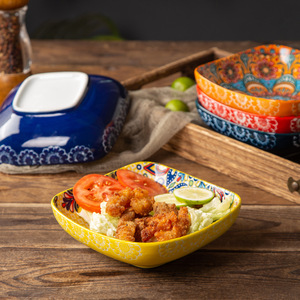 Moroccan Bohemian <b>Ceramic</b> Serving Bowl Square Porcelain Salad <b>Plate</b> Under Glazed Decorative Dish for Home Restaurant - Product Image 2