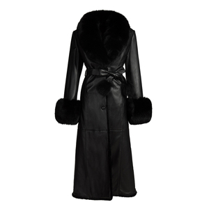 Cappotto <span class=keywords><strong>Trench</strong></span> in <span class=keywords><strong>Vera</strong></span> <span class=keywords><strong>Pelle</strong></span> di Pecora con Logo Personalizzato, Colletto in <span class=keywords><strong>Vera</strong></span> Pelliccia di Volpe, Stile Lungo e Morbido per Donna - Product Image 1
