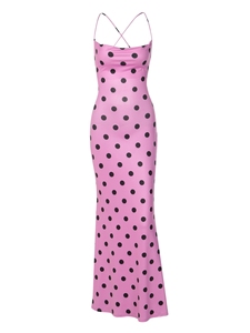 Robe longue sirène moulante en satin à pois pour femme, avec bretelles spaghetti et dos croisé - Product Image 5