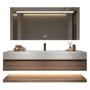 Espejo led colgante de pared con ondas de madera, tocador de baño con encimera de mármol con lavabo de cerámica, doble moderno